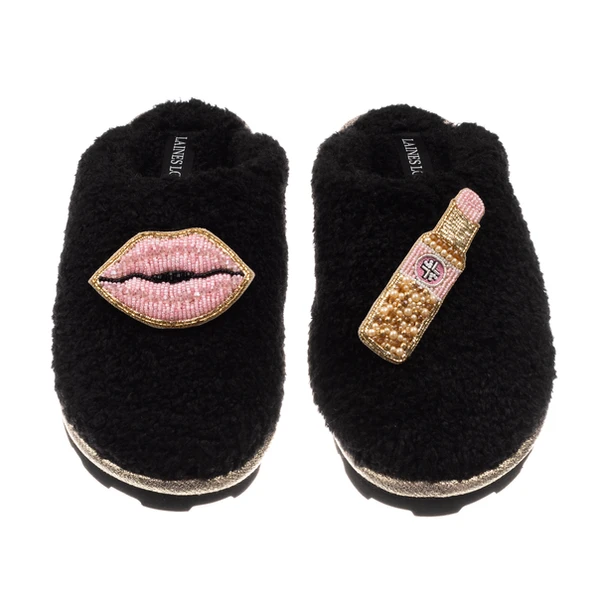 Laines London Teddy Closed Toe Slippers With Pink Lipstick & Lips Brooches
