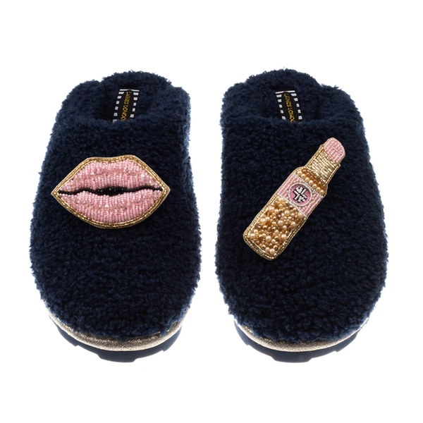 Laines London Teddy Closed Toe Slippers With Pink Lipstick & Lips Brooches