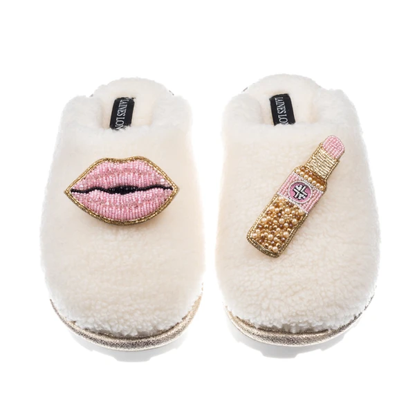 laines london Teddy Closed Toe Slippers With Pink Lipstick & Lips Brooches
