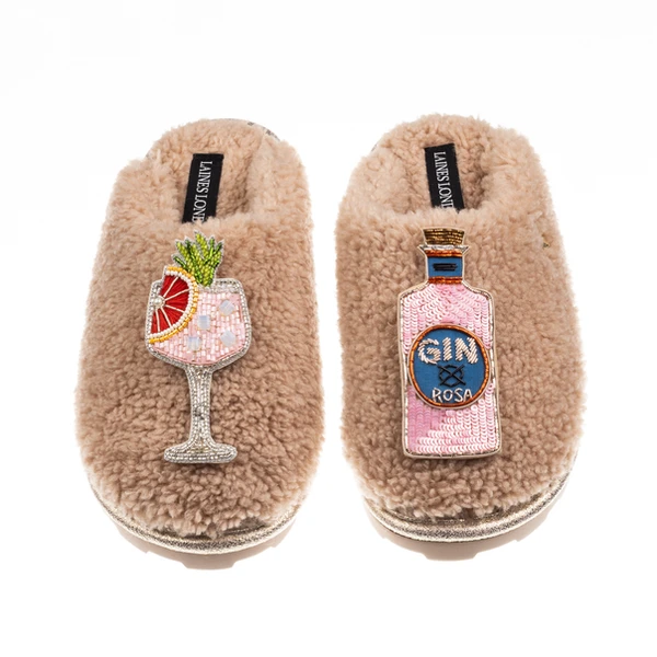 Laines London Teddy Closed Toe Slippers With Pink Rosa & Grapefruit Gin Brooches