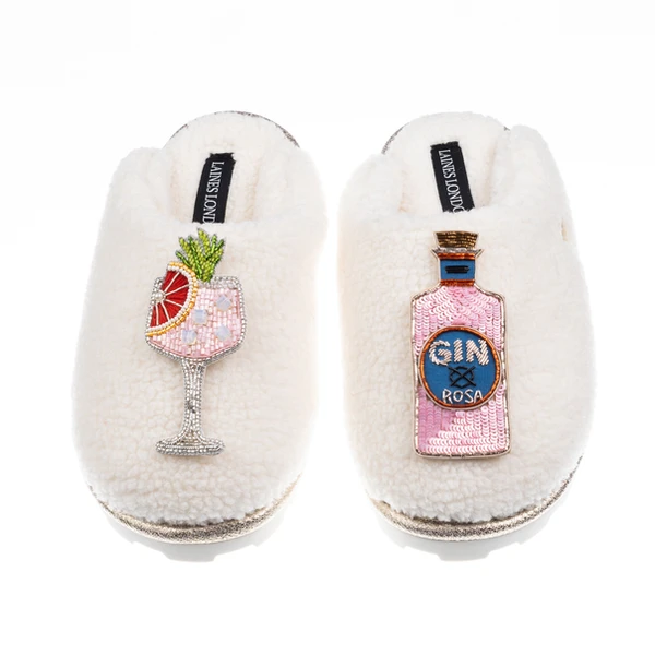 Laines London Teddy Closed Toe Slippers With Pink Rosa & Grapefruit Gin Brooches