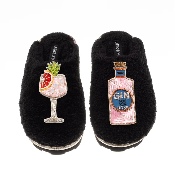 laines london Teddy Closed Toe Slippers With Pink Rosa & Grapefruit Gin Brooches