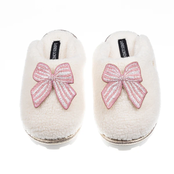 Laines London Teddy Closed Toe Slippers With Pink Stripe Bow Brooches