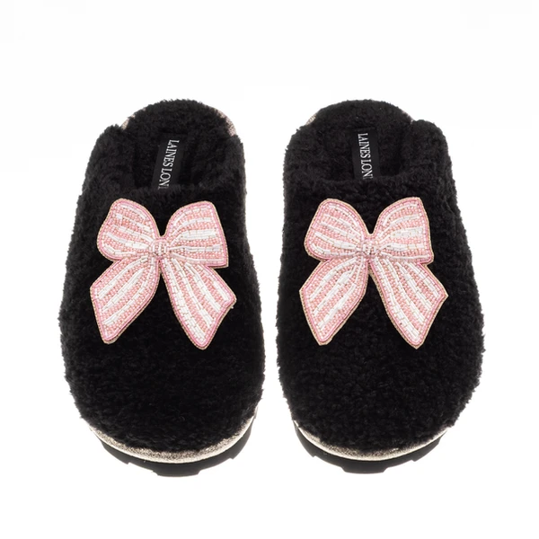 Laines London Teddy Closed Toe Slippers With Pink Stripe Bow Brooches