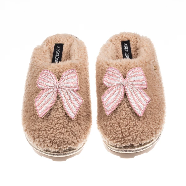 laines london Teddy Closed Toe Slippers With Pink Stripe Bow Brooches