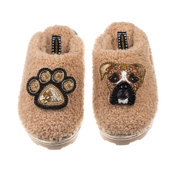 Laines London Teddy Closed Toe Slippers With Pip & Paw Brooches