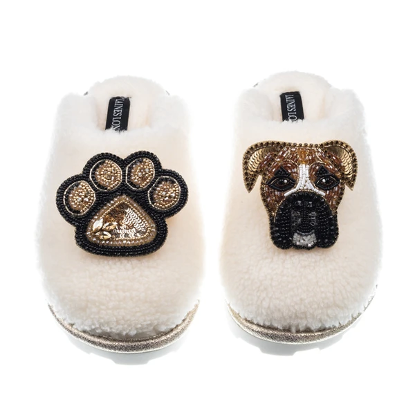 laines london Teddy Closed Toe Slippers With Pip & Paw Brooches