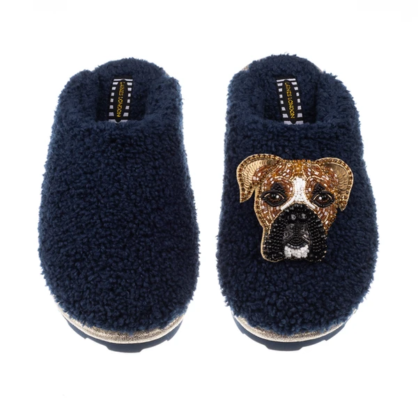 Laines London Teddy Closed Toe Slippers With Pip The Boxer Brooch