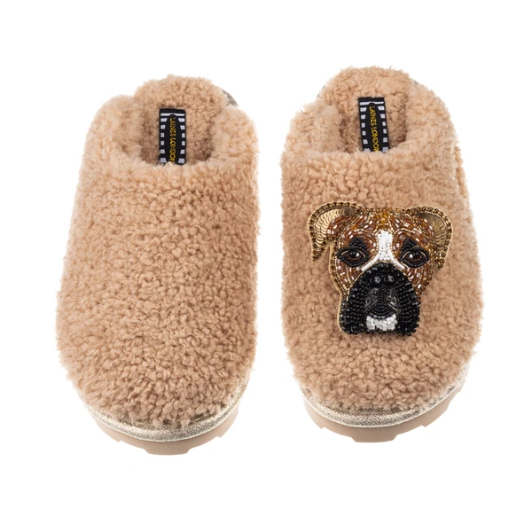Laines London Teddy Closed Toe Slippers With Pip The Boxer Brooch