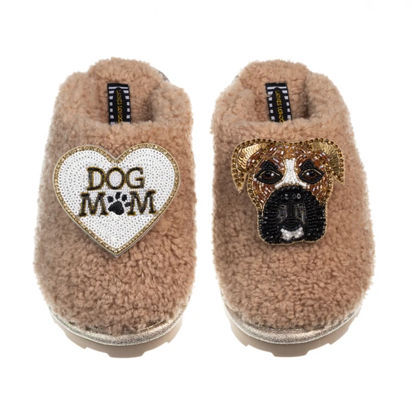 Laines London Teddy Closed Toe Slippers With Pip The Boxer & Dog Mum / Mom Brooches