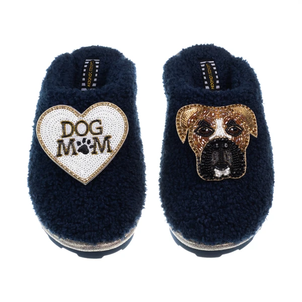 Laines London Teddy Closed Toe Slippers With Pip The Boxer & Dog Mum / Mom Brooches