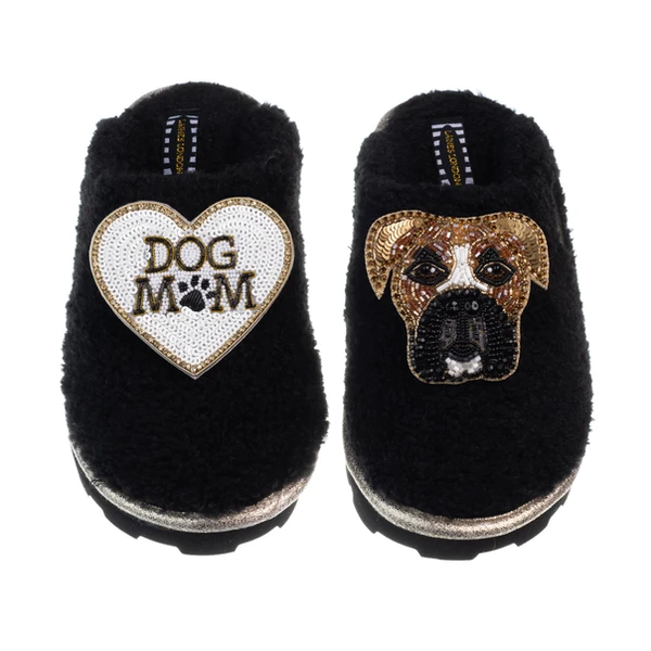 laines london Teddy Closed Toe Slippers With Pip The Boxer & Dog Mum / Mom Brooches