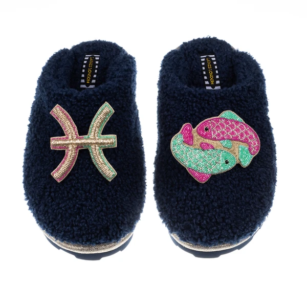 Laines London Teddy Closed Toe Slippers With Pisces Star Sign Brooches