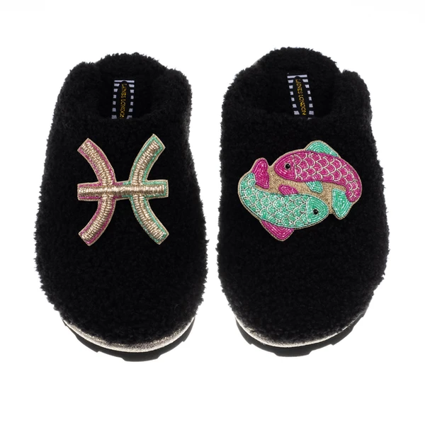 Laines London Teddy Closed Toe Slippers With Pisces Star Sign Brooches