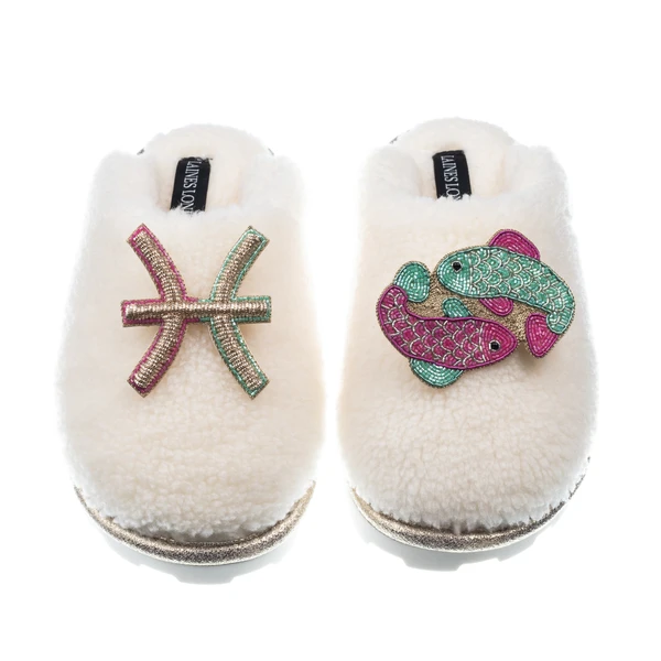 Laines London Teddy Closed Toe Slippers With Pisces Star Sign Brooches