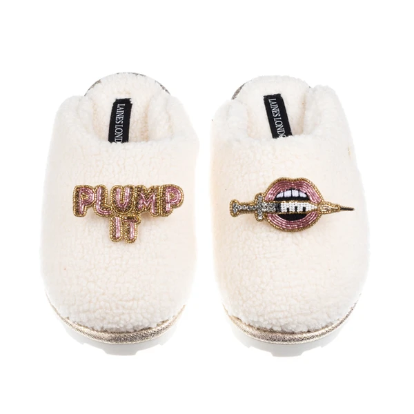 Laines London Teddy Closed Toe Slippers With Plump It Pout Brooches