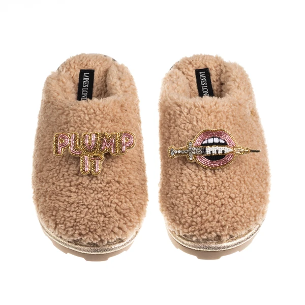 Laines London Teddy Closed Toe Slippers With Plump It Pout Brooches