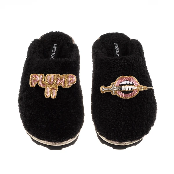 Laines London Teddy Closed Toe Slippers With Plump It Pout Brooches