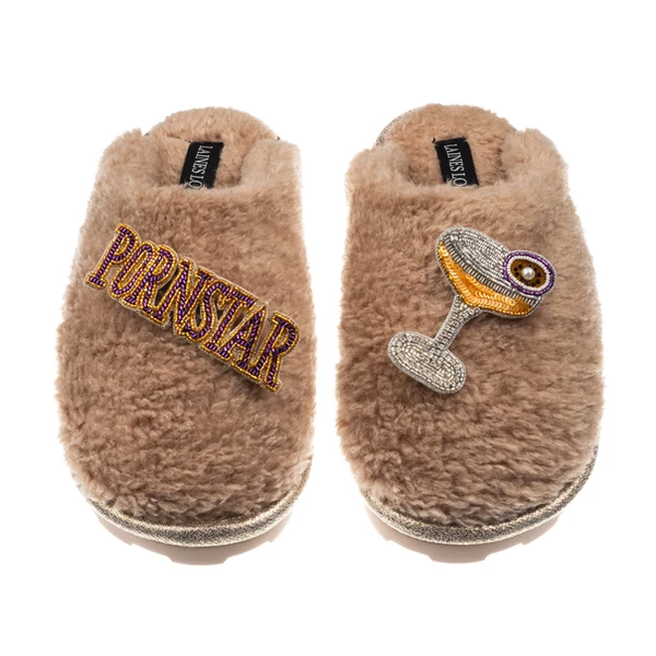 Laines London Teddy Closed Toe Slippers With Pornstar Martini Brooches