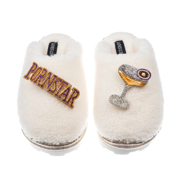 Laines London Teddy Closed Toe Slippers With Pornstar Martini Brooches