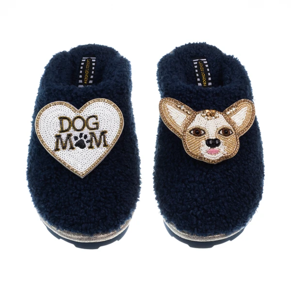 Laines London Teddy Closed Toe Slippers With Princess Chihuahua & Dog Mum / Mom Brooches