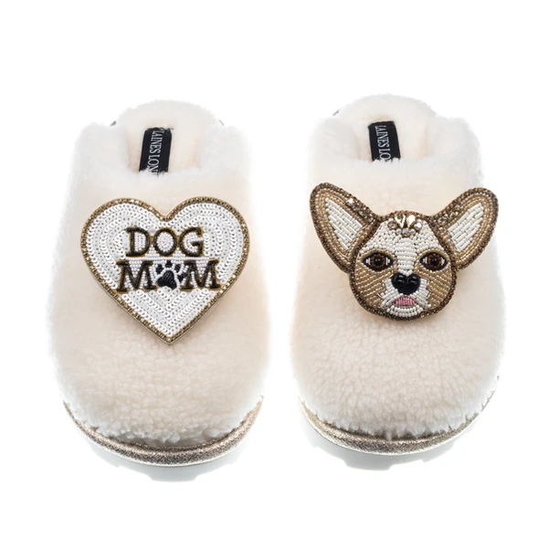 Laines London Teddy Closed Toe Slippers With Princess Chihuahua & Dog Mum / Mom Brooches