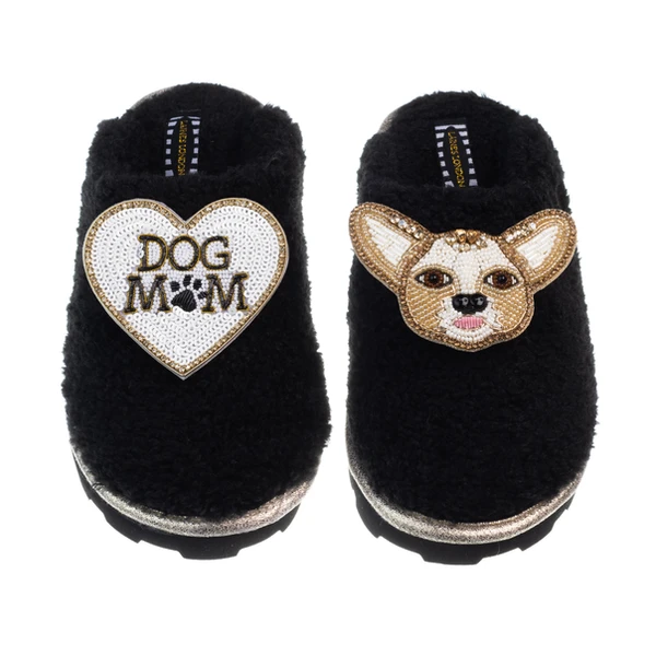 laines london Teddy Closed Toe Slippers With Princess Chihuahua & Dog Mum / Mom Brooches