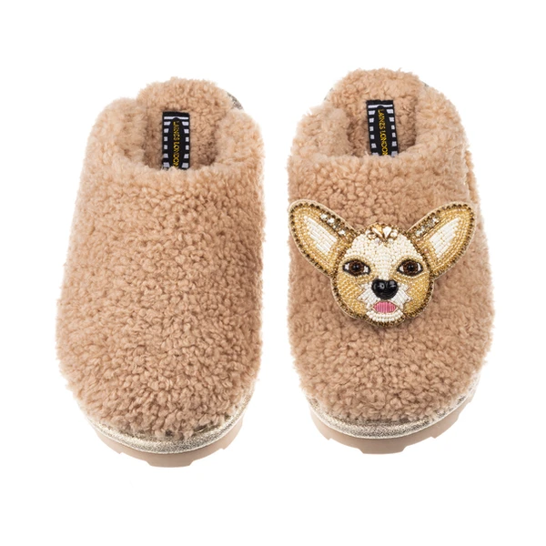 Laines London Teddy Closed Toe Slippers With Princess The Chihuahua Brooch