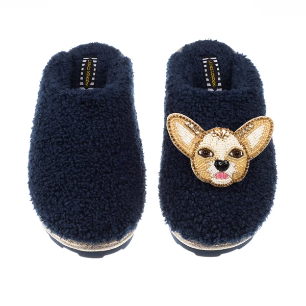 laines london Teddy Closed Toe Slippers With Princess The Chihuahua Brooch
