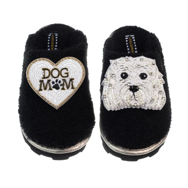 Laines London Teddy Closed Toe Slippers With Queenie & Dog Mum / Mom Brooches