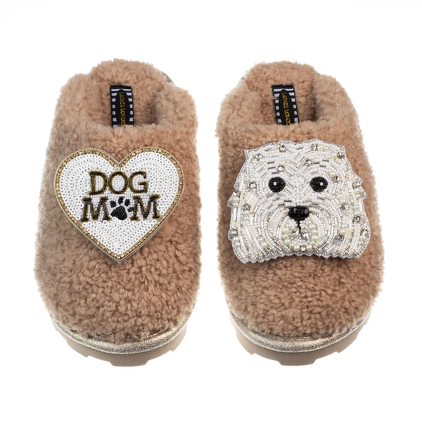 Laines London Teddy Closed Toe Slippers With Queenie & Dog Mum / Mom Brooches