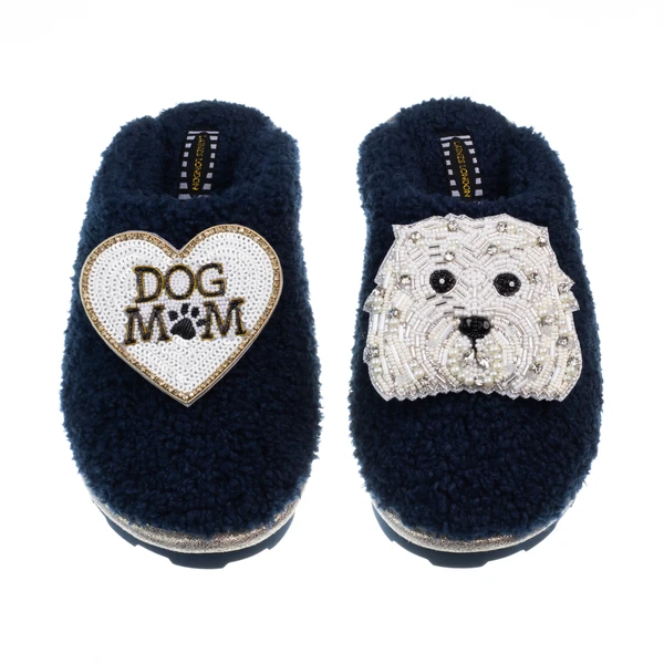 Laines London Teddy Closed Toe Slippers With Queenie & Dog Mum / Mom Brooches