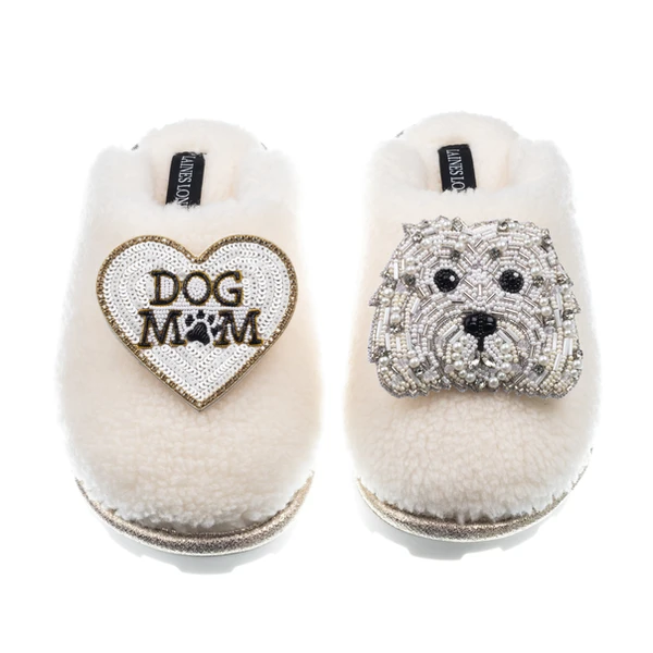 laines london Teddy Closed Toe Slippers With Queenie & Dog Mum / Mom Brooches