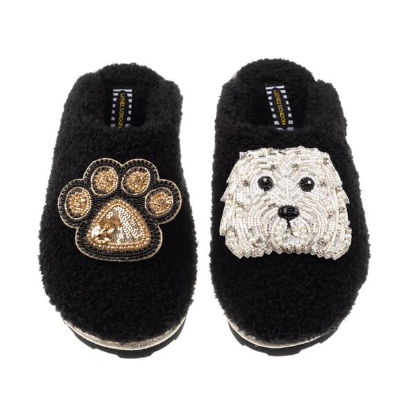 Laines London Teddy Closed Toe Slippers With Queenie & Paw Brooches