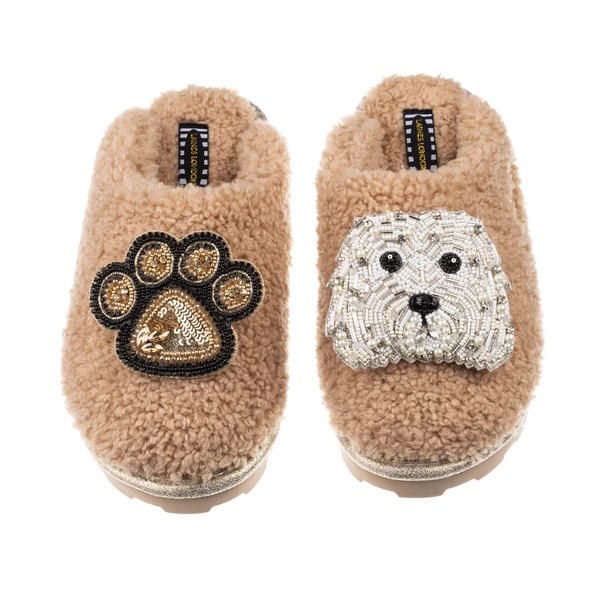 Laines London Teddy Closed Toe Slippers With Queenie & Paw Brooches
