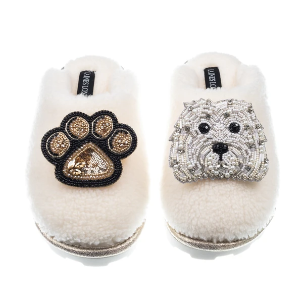 laines london Teddy Closed Toe Slippers With Queenie & Paw Brooches