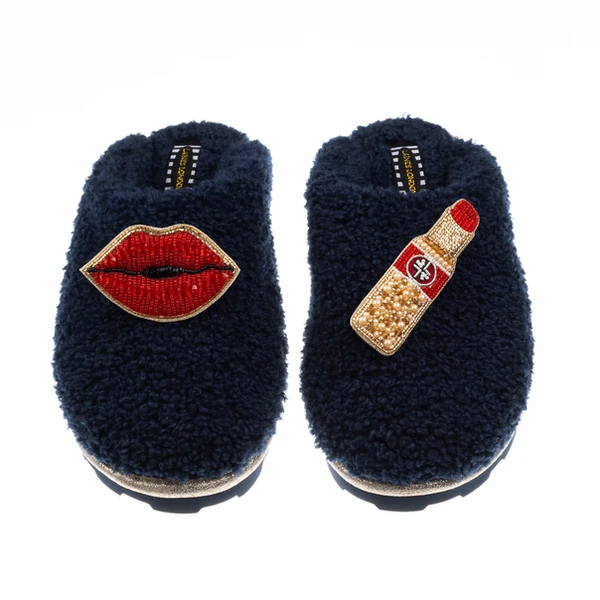 Laines London Teddy Closed Toe Slippers With Red Lipstick & Lips Brooches