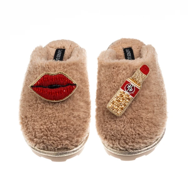 Laines London Teddy Closed Toe Slippers With Red Lipstick & Lips Brooches