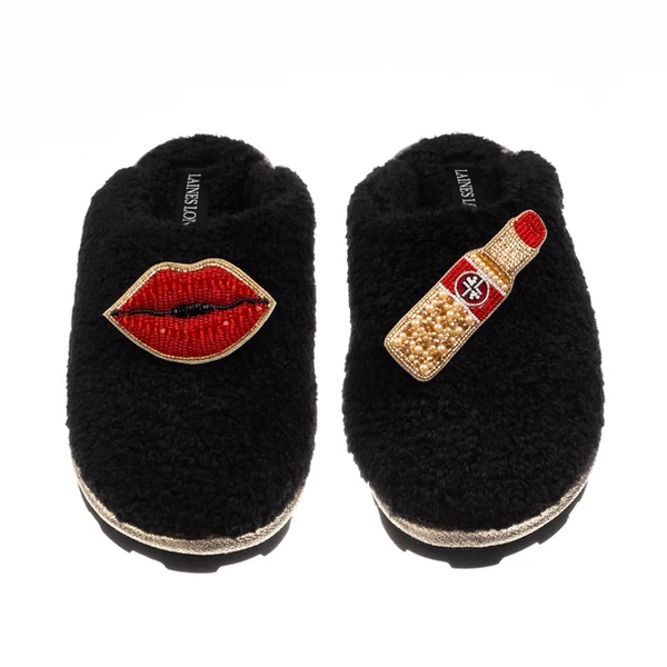 Laines London Teddy Closed Toe Slippers With Red Lipstick & Lips Brooches