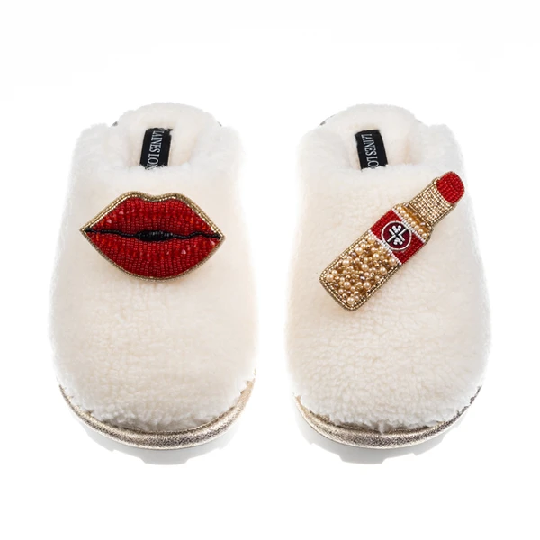laines london Teddy Closed Toe Slippers With Red Lipstick & Lips Brooches