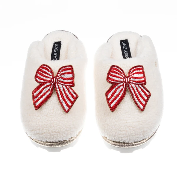 Laines London Teddy Closed Toe Slippers With Red Stripe Bow Brooches