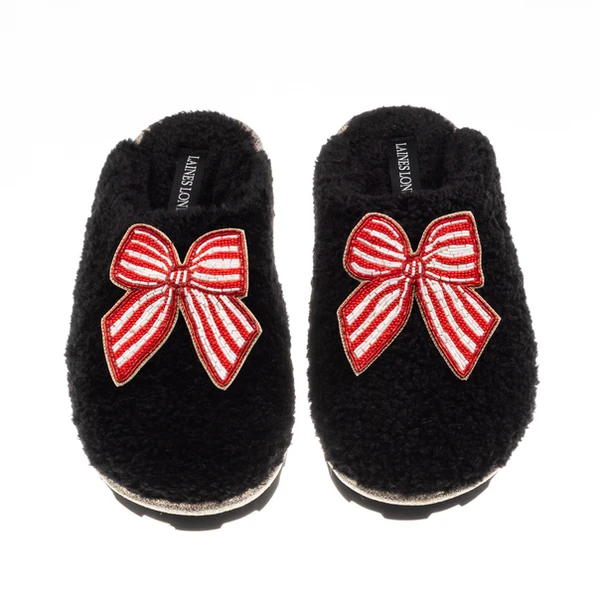 laines london Teddy Closed Toe Slippers With Red Stripe Bow Brooches