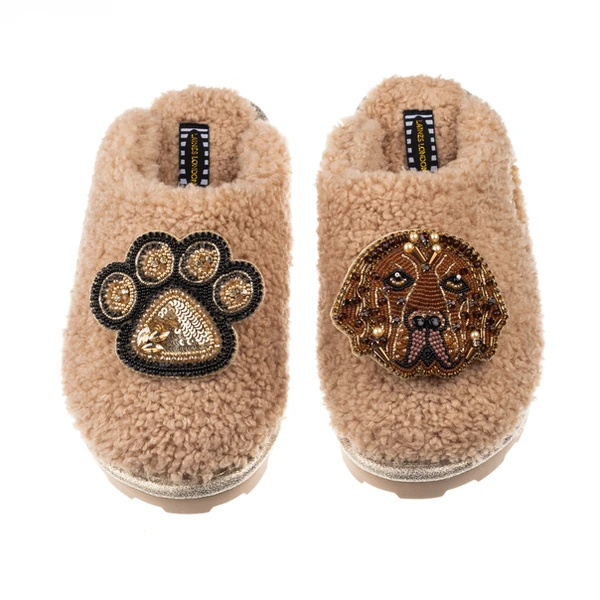 Laines London Teddy Closed Toe Slippers With Rocco & Paw Brooches