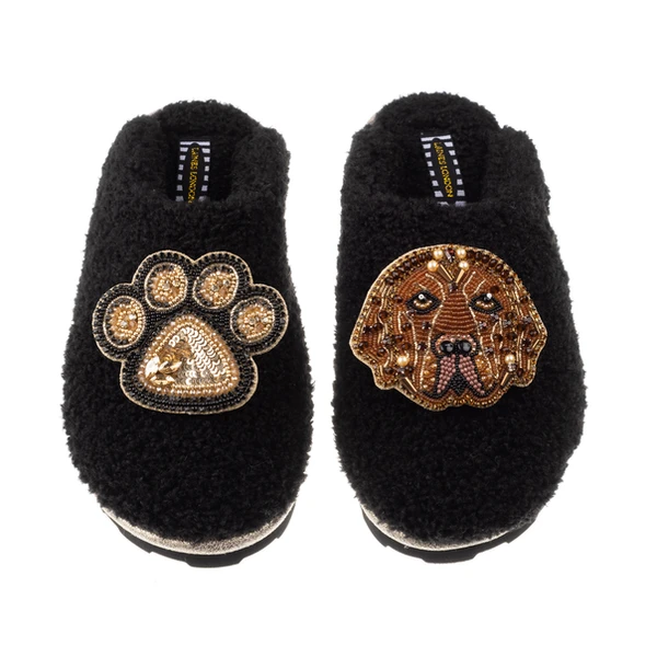 Laines London Teddy Closed Toe Slippers With Rocco & Paw Brooches