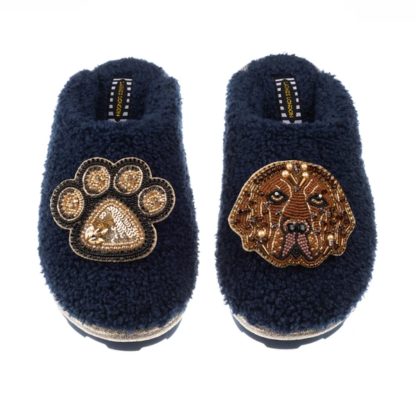 Laines London Teddy Closed Toe Slippers With Rocco & Paw Brooches
