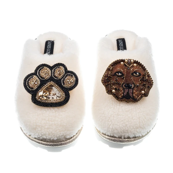 laines london Teddy Closed Toe Slippers With Rocco & Paw Brooches