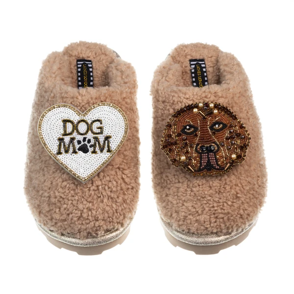 Laines London Teddy Closed Toe Slippers With Rocco The Chocolate Lab & Dog Mum / Mom Brooches