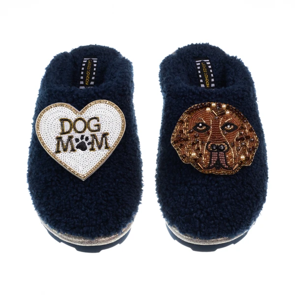 Laines London Teddy Closed Toe Slippers With Rocco The Chocolate Lab & Dog Mum / Mom Brooches