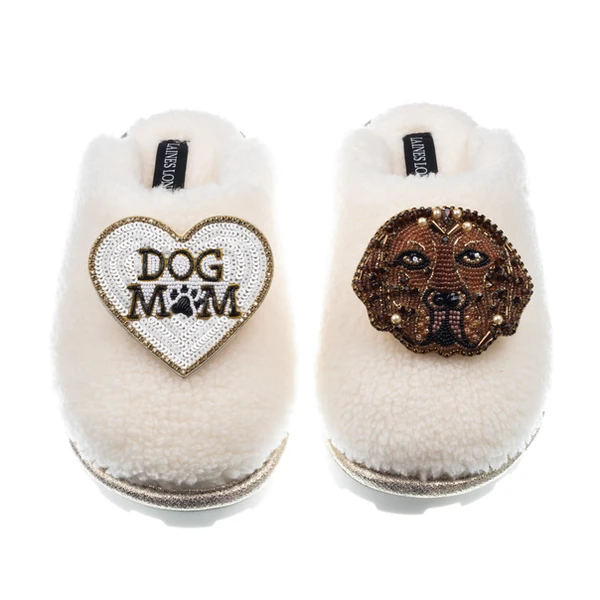 Laines London Teddy Closed Toe Slippers With Rocco The Chocolate Lab & Dog Mum / Mom Brooches