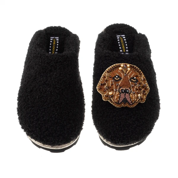 Laines London Teddy Closed Toe Slippers With Rocco The Chocolate Lab Brooch